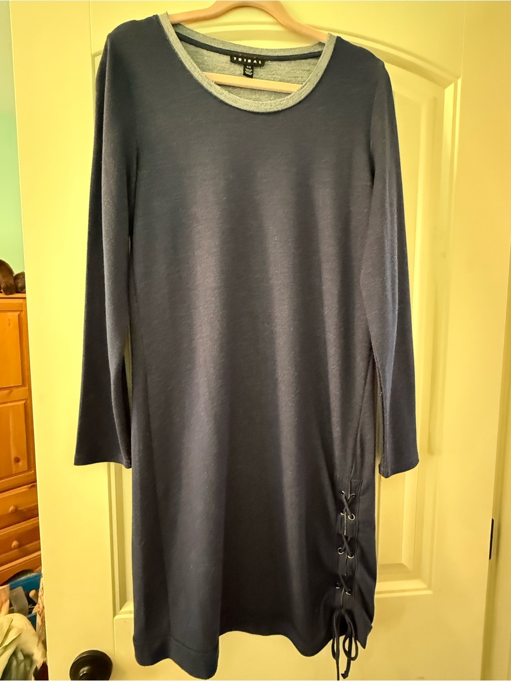 Tribal Navy Long-Sleeve Knit Dress with Side Lace-Up